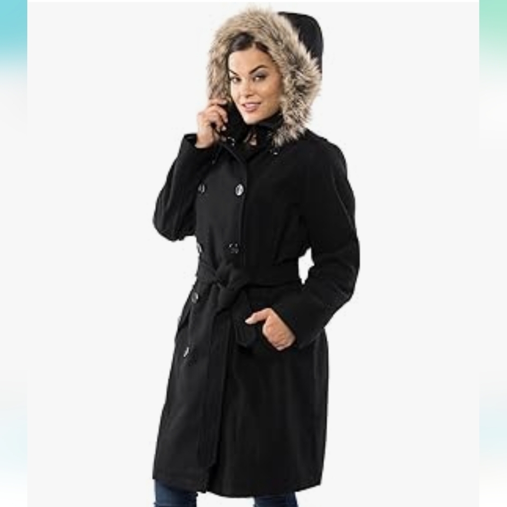Alpine Swiss Parka Trench Pea Coat Jacket Fur Hood w Extra Button Women Size 1XL - Picture 1 of 16